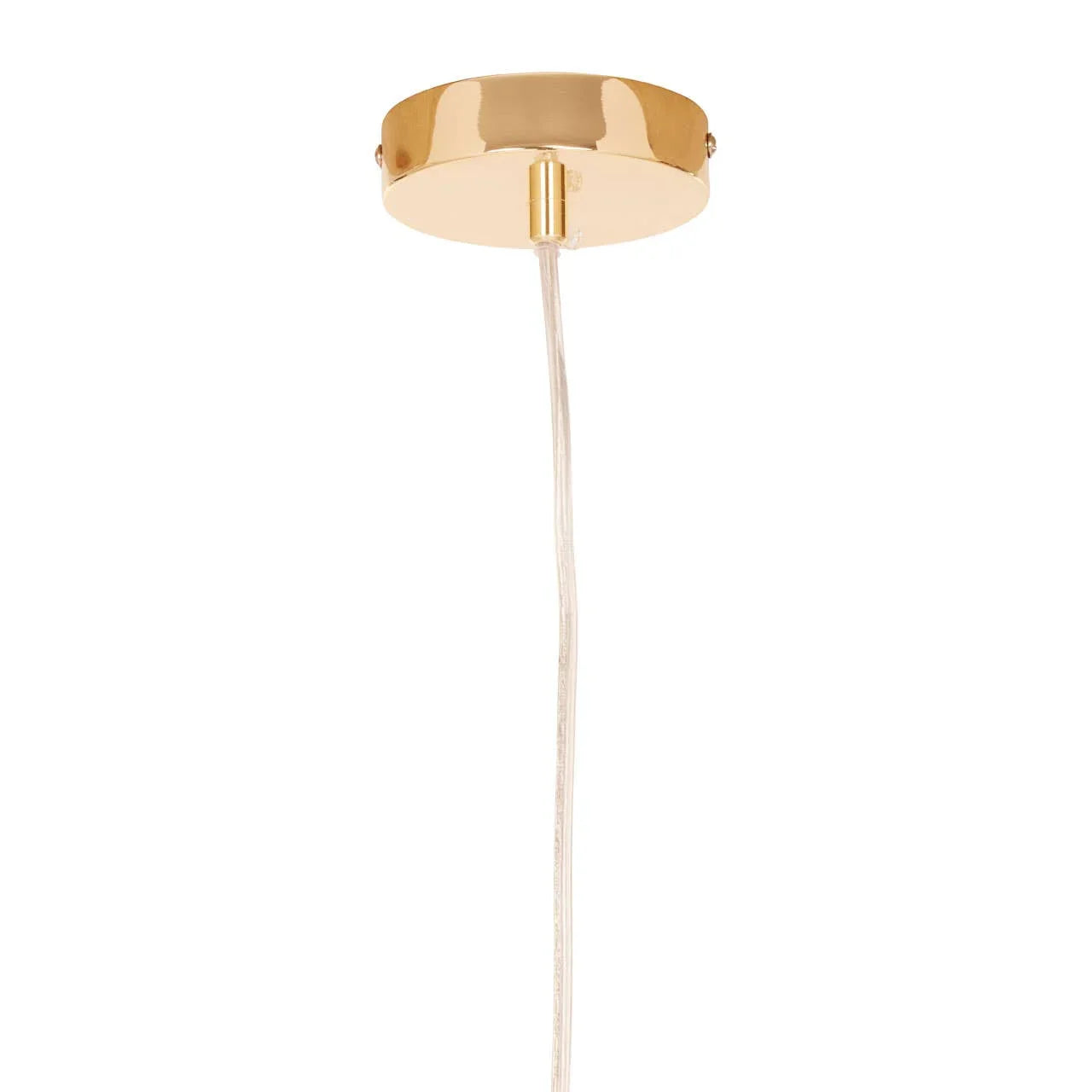 Brass ceiling canopy with clear pendant light cable suspended vertically