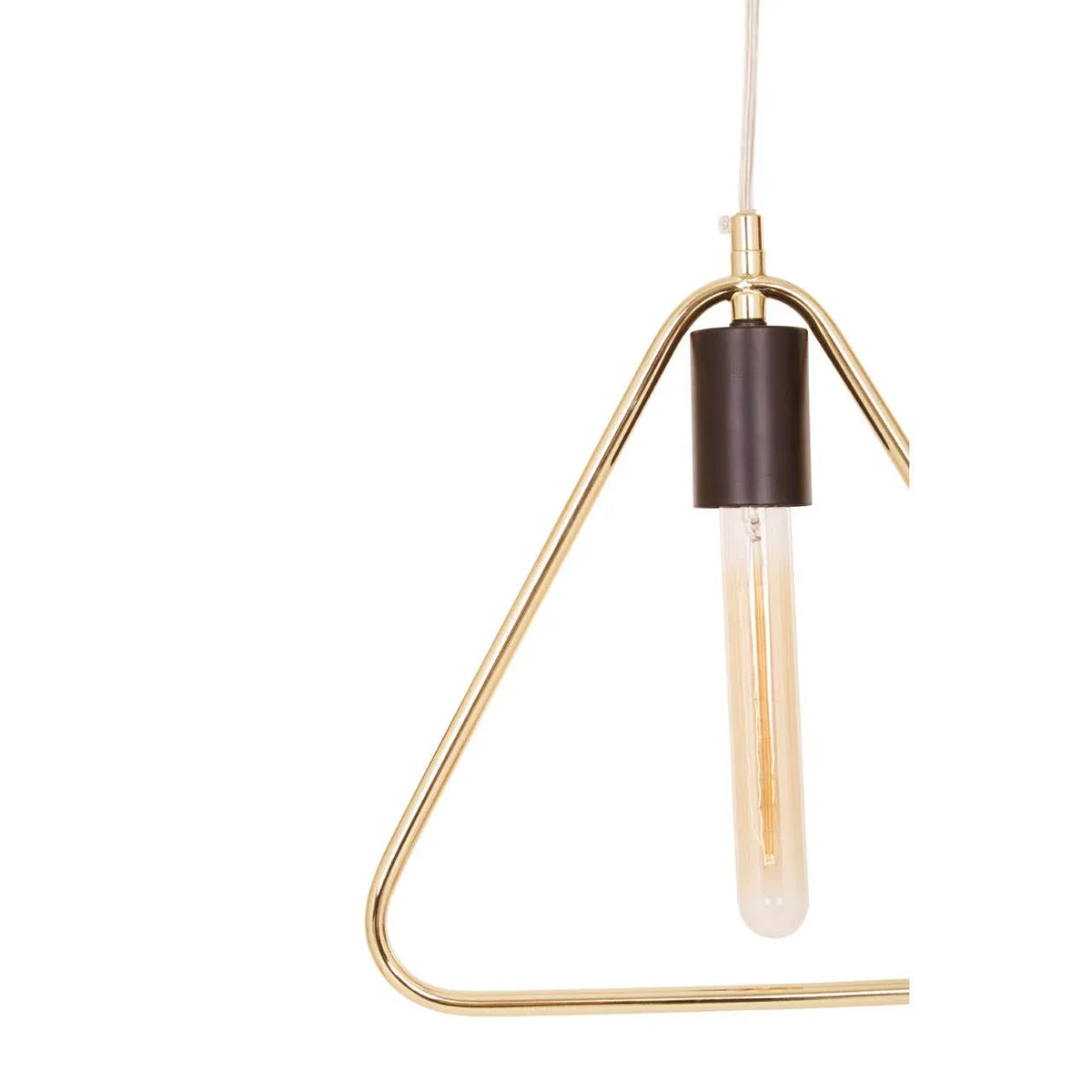 Gold metal pendant light with triangle frame and exposed bulb