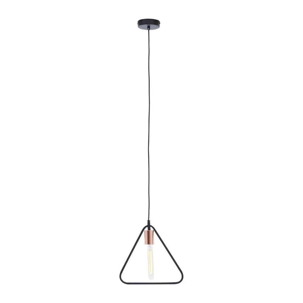 Black geometric pendant light with exposed bulb and triangle metal frame
