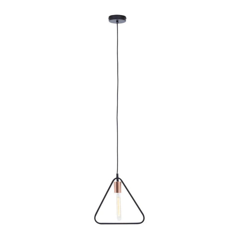 Black geometric pendant light with exposed bulb and triangle metal frame