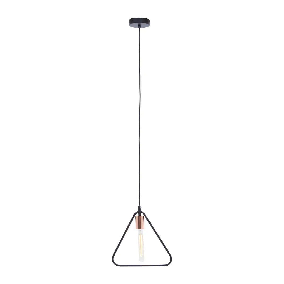 Black geometric pendant light with exposed bulb and triangle metal frame