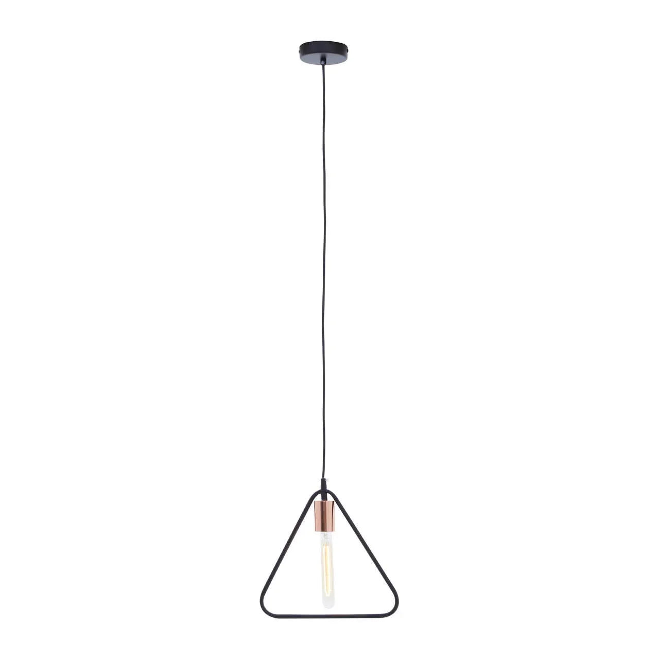 Black geometric pendant light with exposed bulb and triangle metal frame