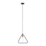 Black geometric pendant light with exposed bulb and triangle metal frame