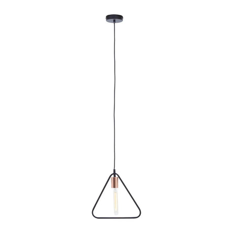 Black geometric pendant light with exposed bulb and triangle metal frame