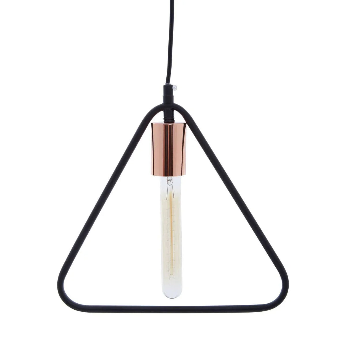 Black metal pendant light with triangular frame and copper bulb holder
