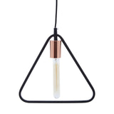 Black metal pendant light with triangular frame and copper bulb holder