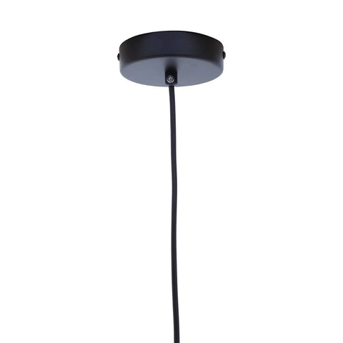 Black ceiling pendant light fixture with round metal canopy and hanging cable