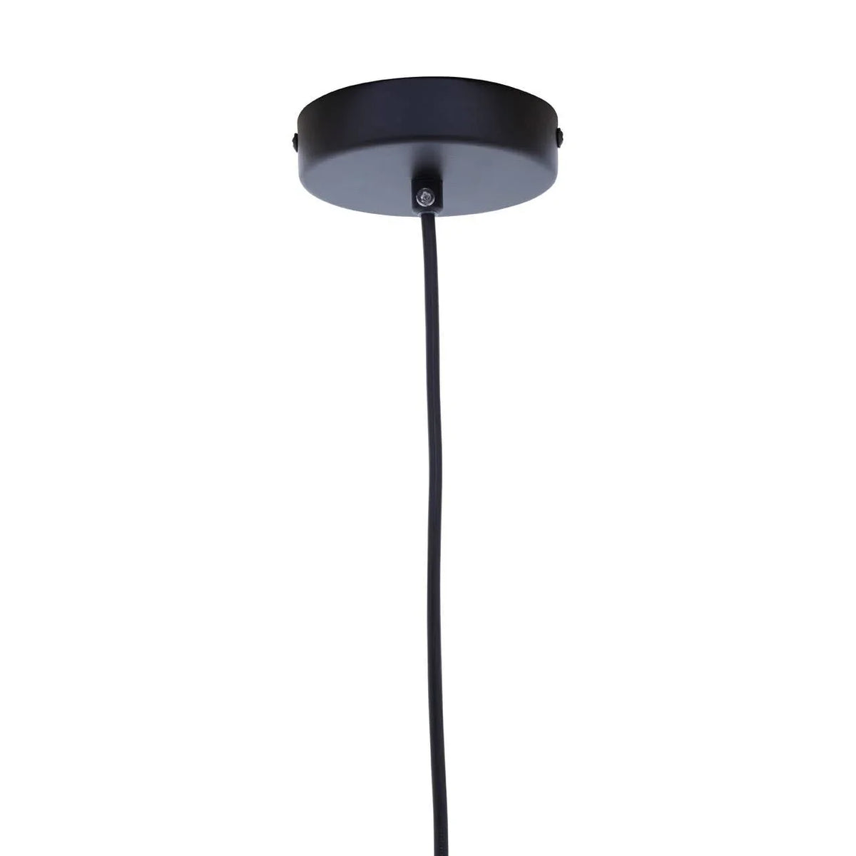 Black ceiling pendant light fixture with round metal canopy and hanging cable