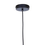 Black ceiling pendant light fixture with round metal canopy and hanging cable
