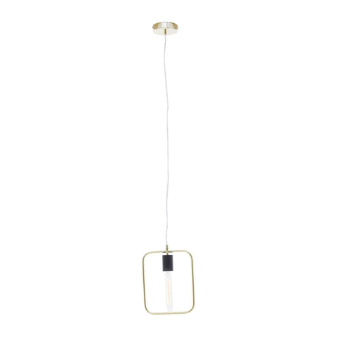 Modern gold pendant light with square metal frame and exposed bulb on white background