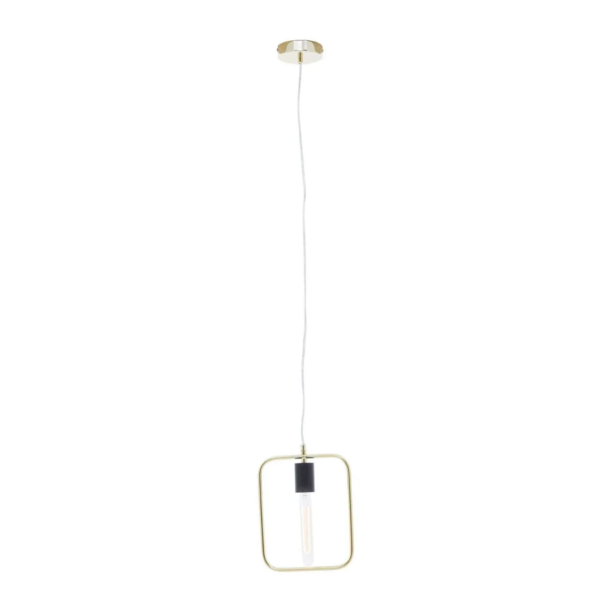 Modern gold pendant light with square metal frame and exposed bulb on white background