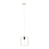 Modern gold pendant light with square metal frame and exposed bulb on white background
