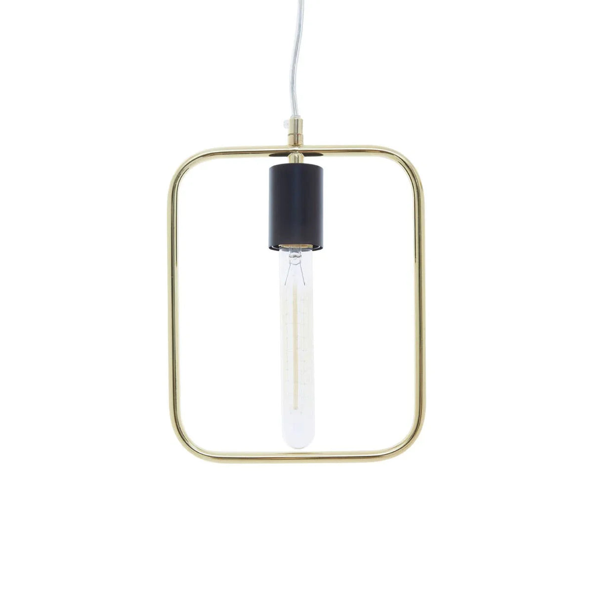 modern pendant light with gold square frame and exposed bulb on white background