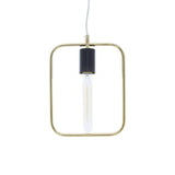 modern pendant light with gold square frame and exposed bulb on white background