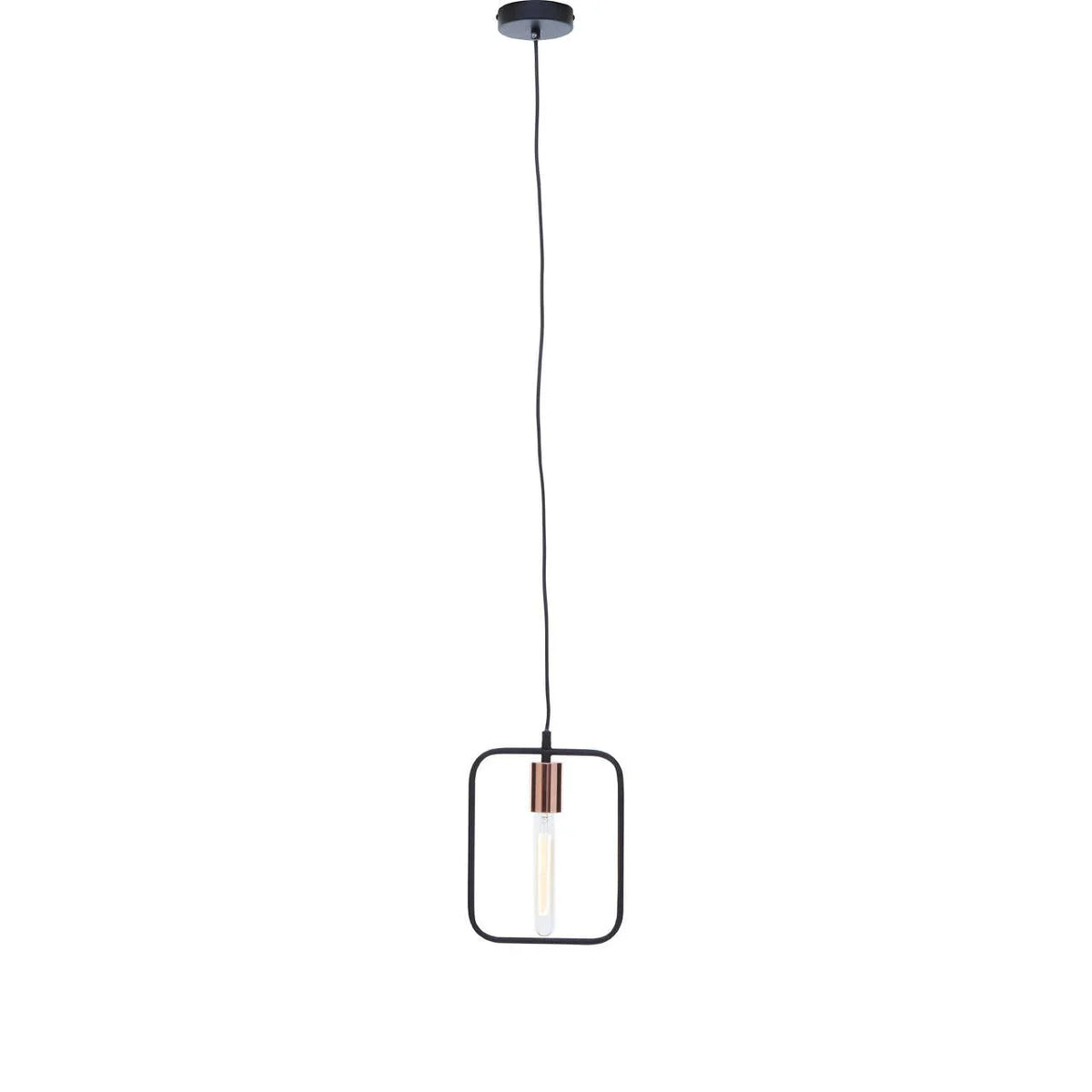 Modern pendant light with black metal frame and exposed bulb hanging from ceiling
