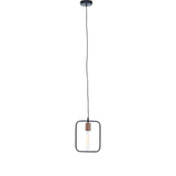 Modern pendant light with black metal frame and exposed bulb hanging from ceiling