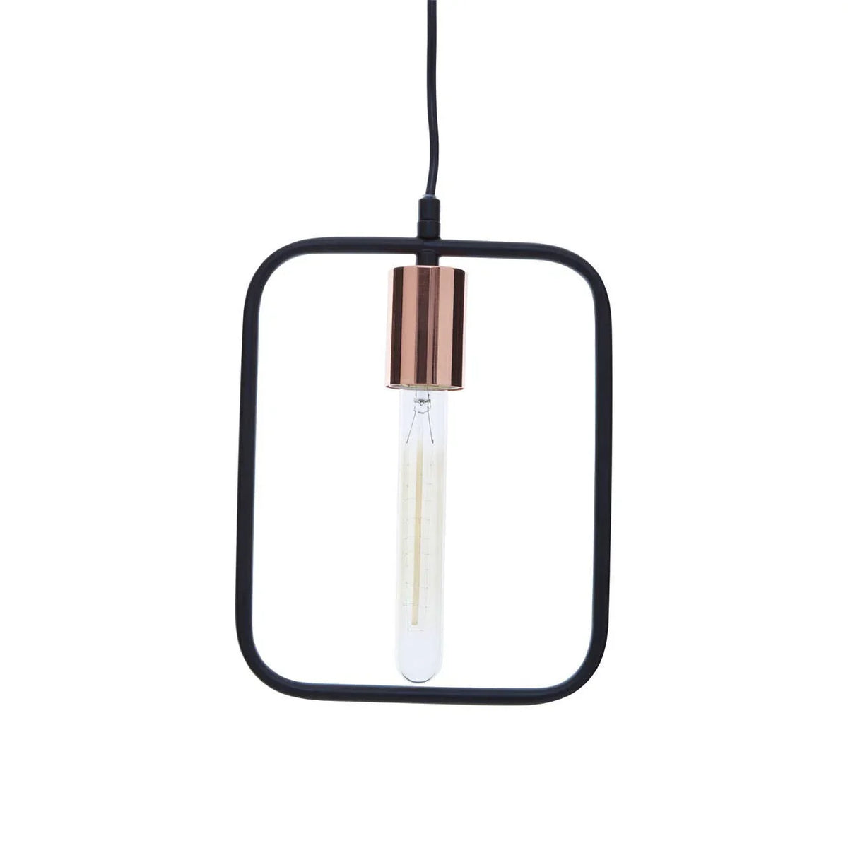 Modern pendant light with copper socket, tubular bulb and black square frame on white background