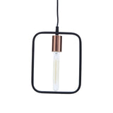 Modern pendant light with copper socket, tubular bulb and black square frame on white background