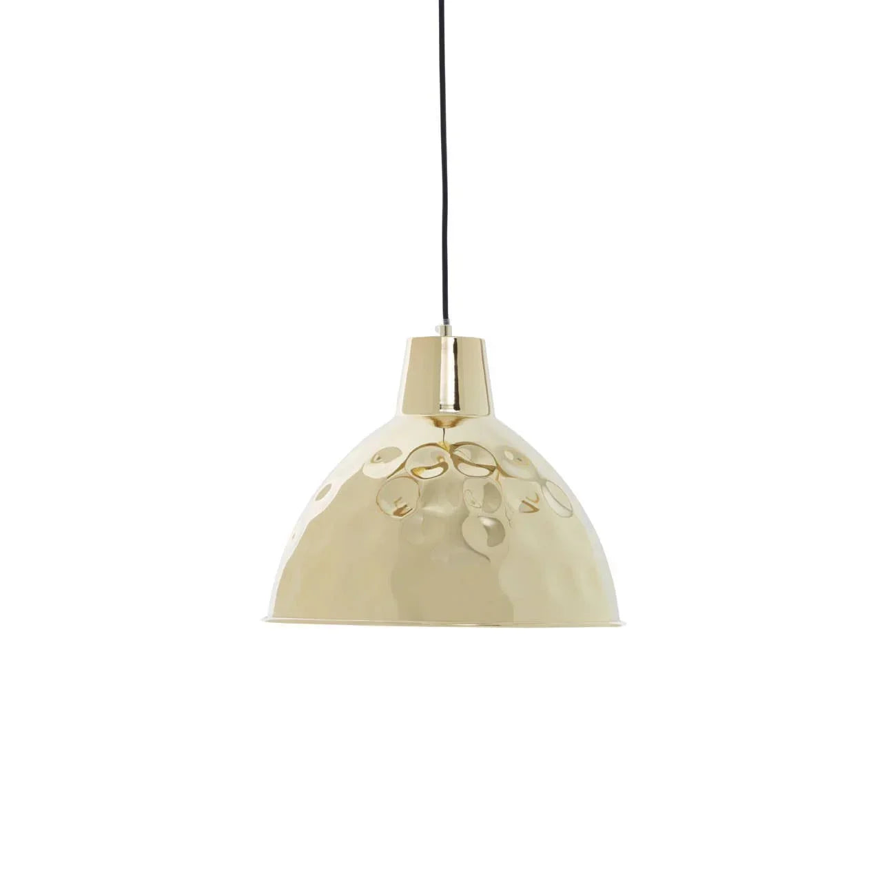Gold hammered metal pendant light with dome shade and black cord, white background