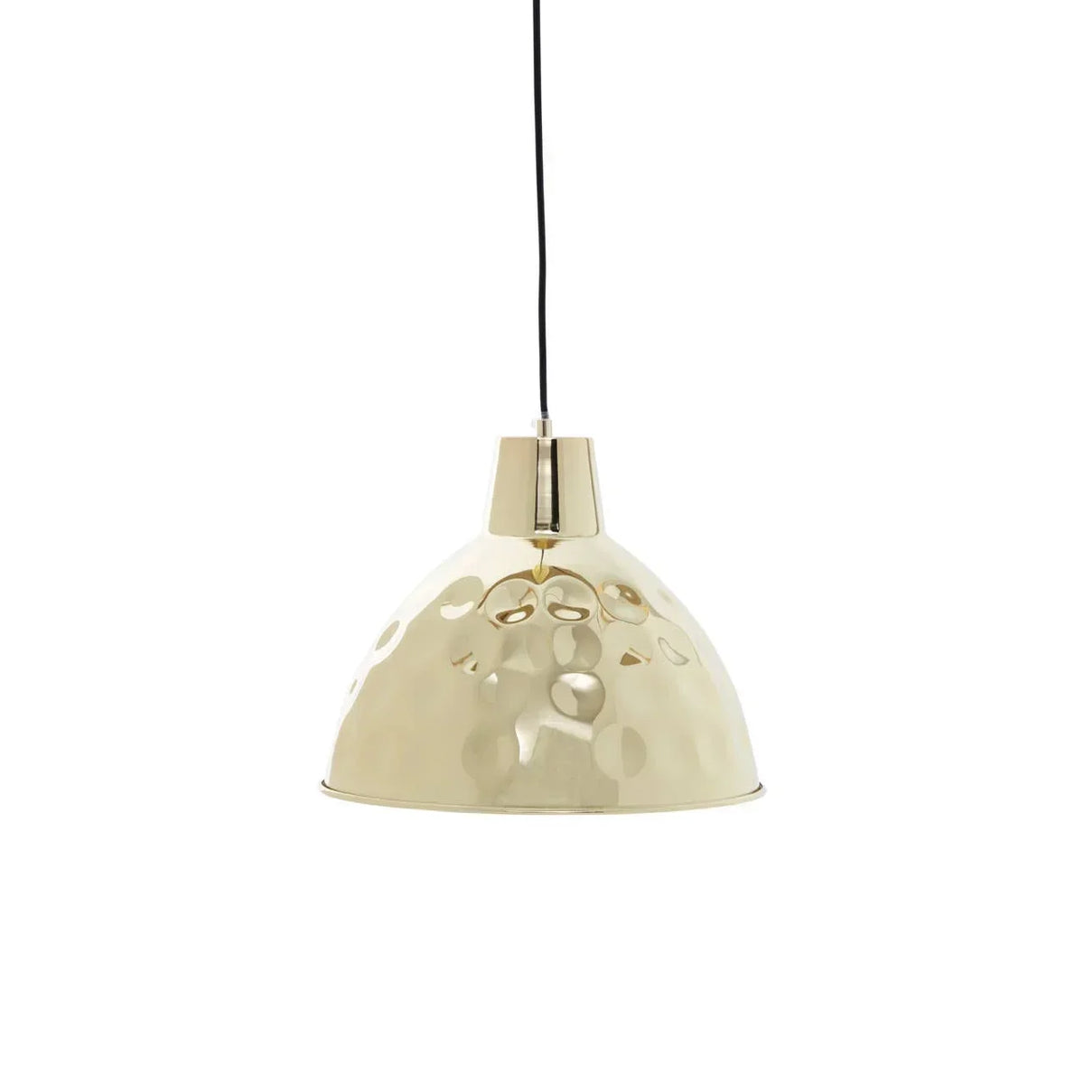 Gold metal pendant light with hammered dome shade and black hanging cord