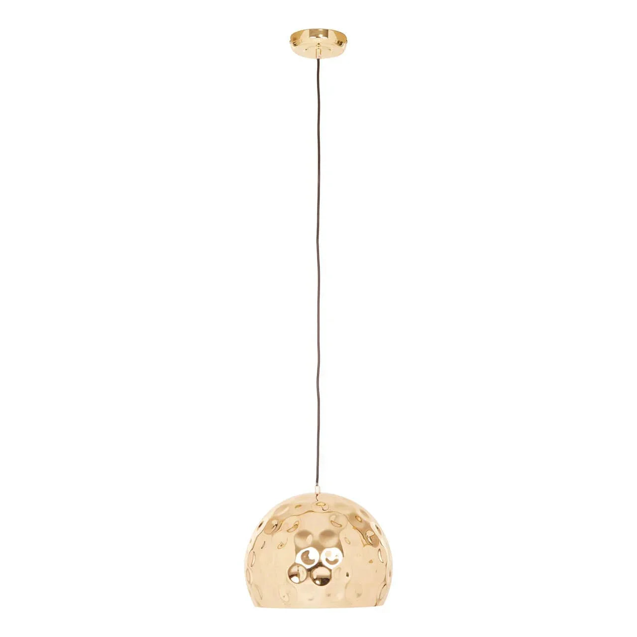 Gold metal pendant light with hammered dome shade and circular cutout detail