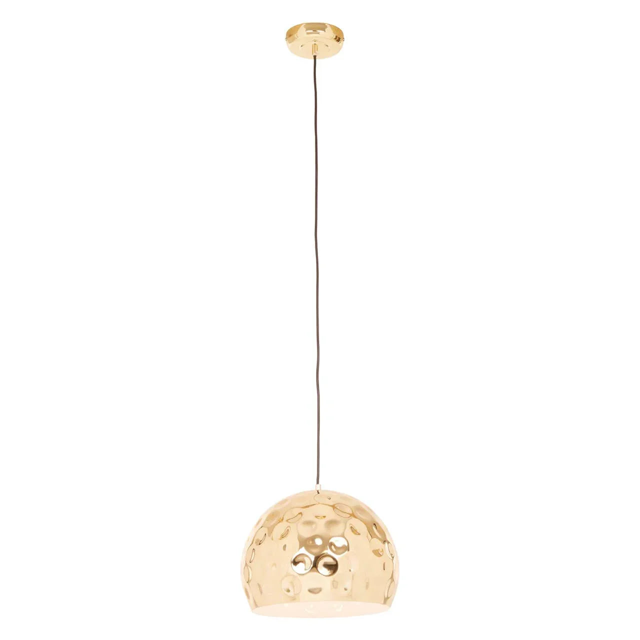 Gold pendant light with hammered dome shade and circular cutout design, hanging from ceiling