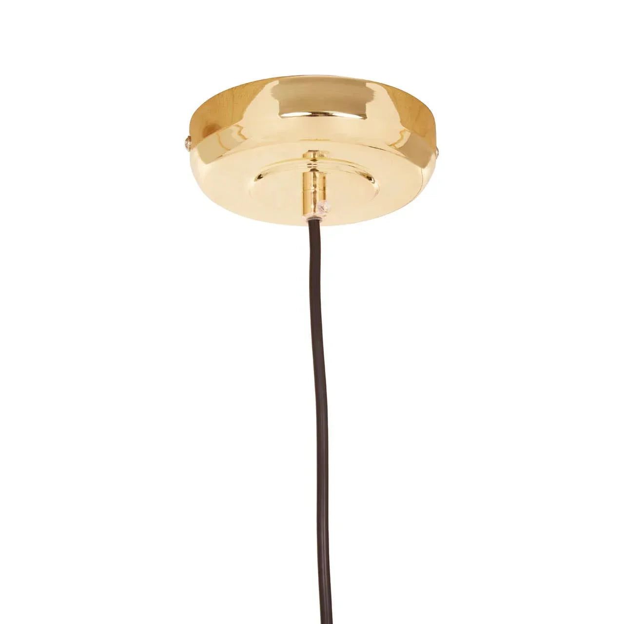 Gold ceiling light fitting with black hanging cord, close-up view