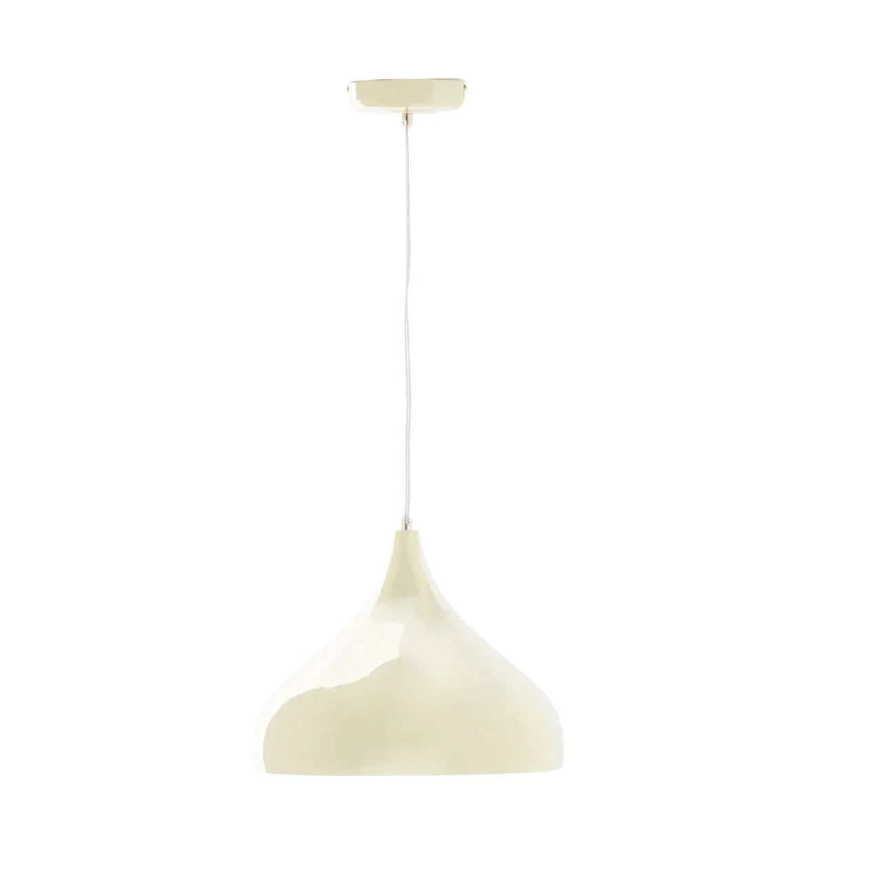 Cream pendant ceiling light with glossy dome-shaped metal shade and white cord