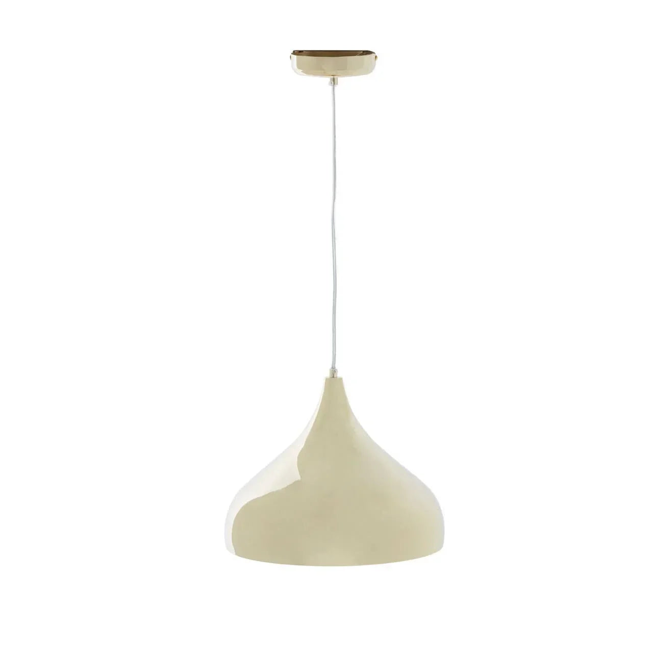 Cream metal pendant ceiling light with curved shade and white cord