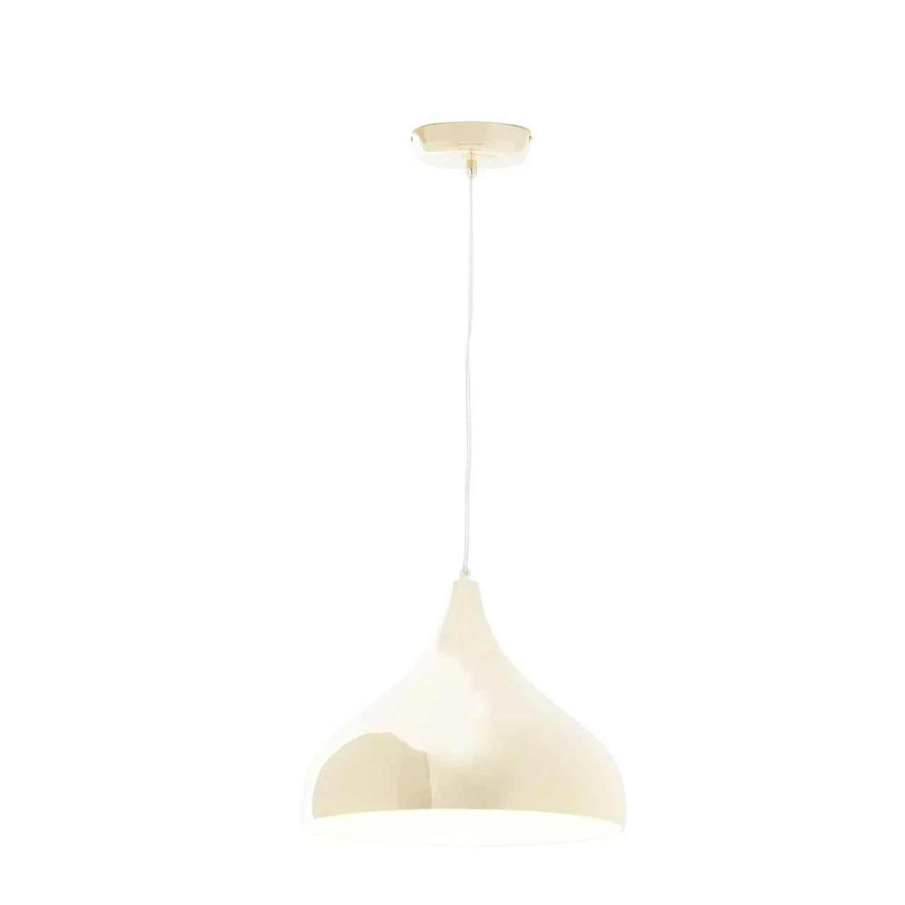 Gold metal pendant ceiling light with curved shade and white inner finish
