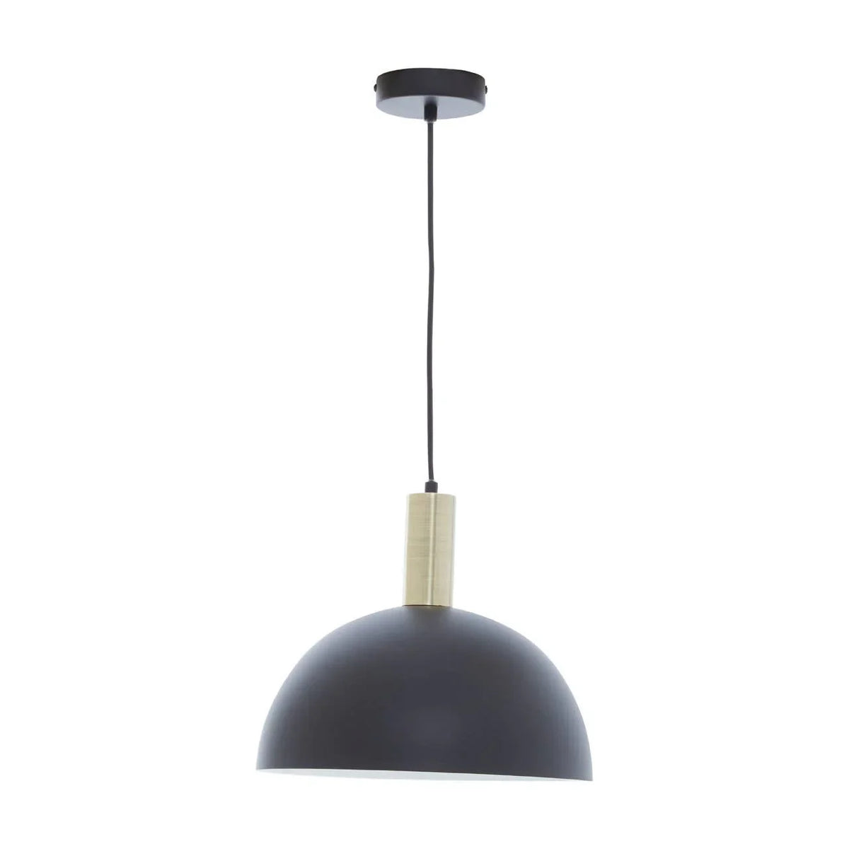 Black dome pendant light with brass accent and ceiling rose, hanging from black cord