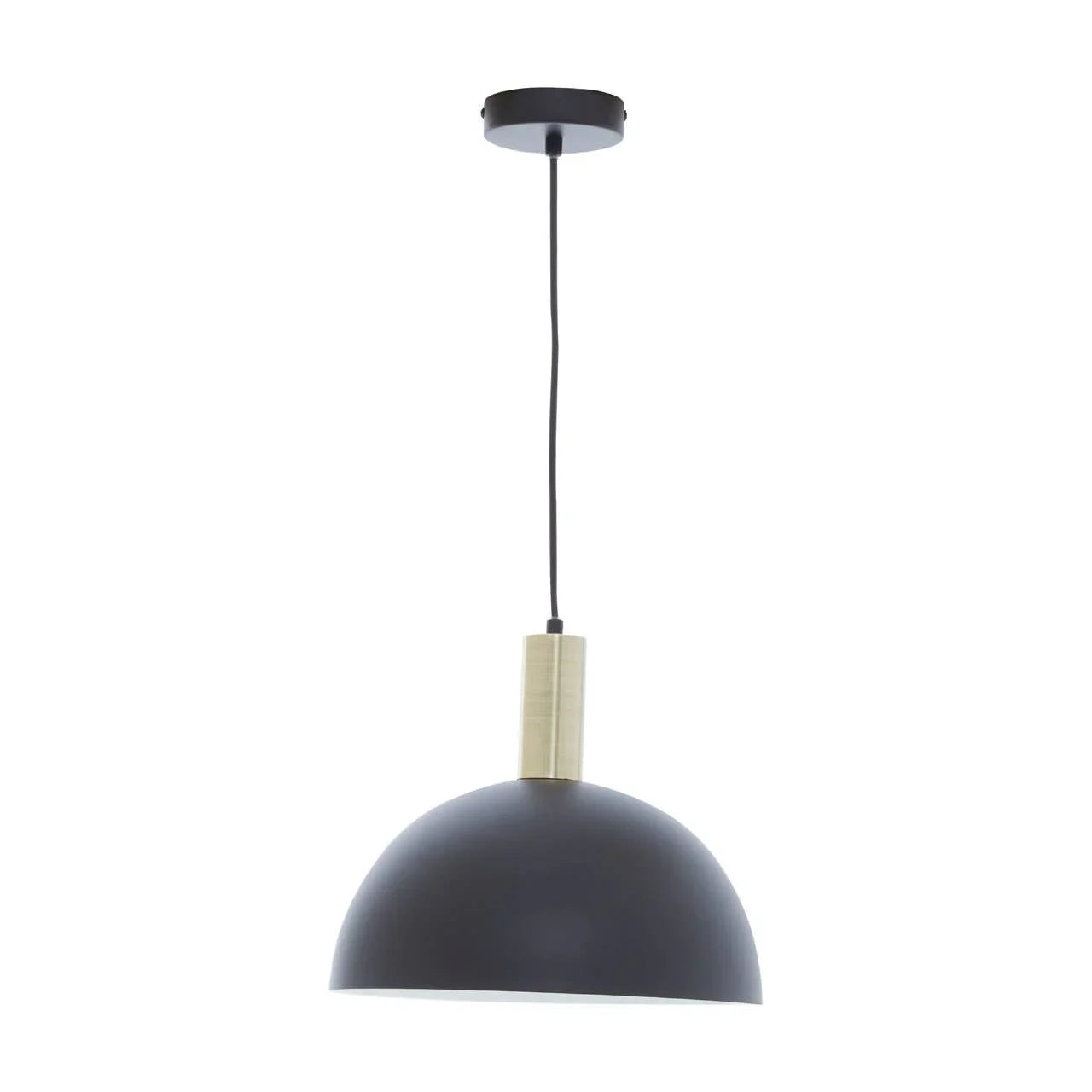 Black dome pendant light with brass accent and ceiling rose, hanging from black cord