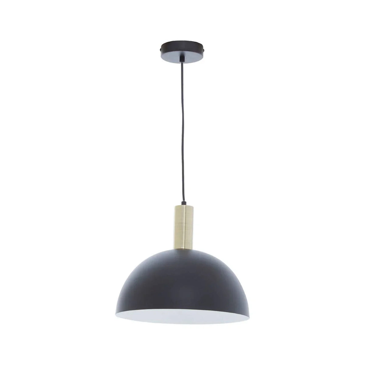 Black dome pendant light with gold detail and ceiling rose, modern lighting design