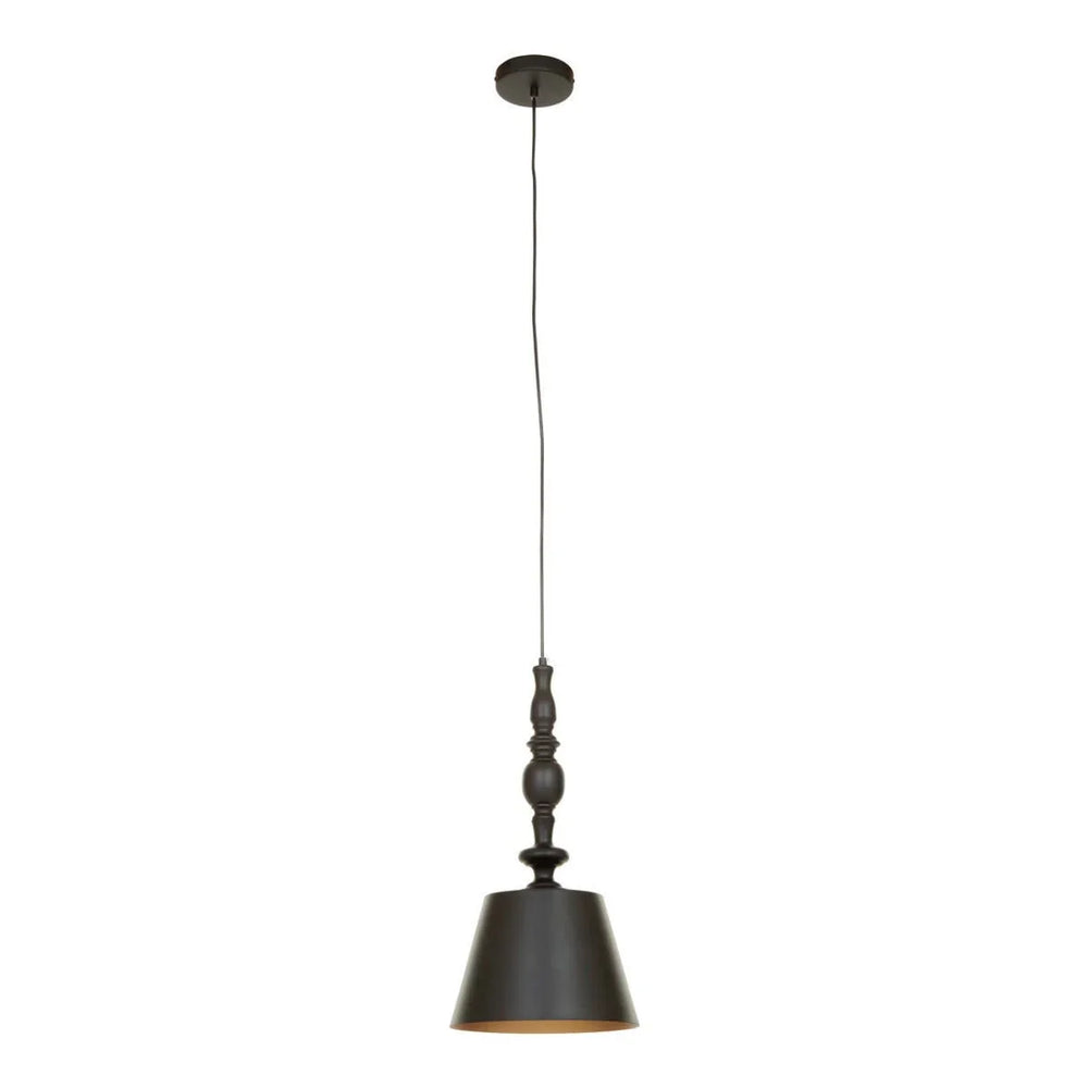 Black metal pendant light with decorative spindle and cone shade hanging from ceiling