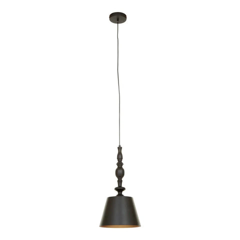 Black metal pendant light with decorative spindle and cone shade hanging from ceiling