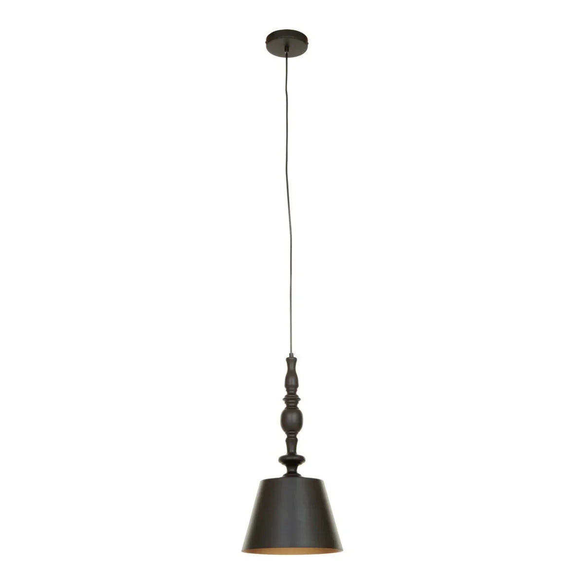 Black metal pendant light with decorative spindle and cone shade hanging from ceiling