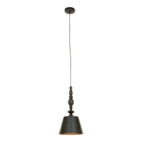 Black metal pendant light with decorative spindle and cone shade hanging from ceiling