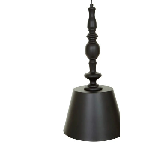 Black metal pendant light with turned spindle detail and conical shade, side view