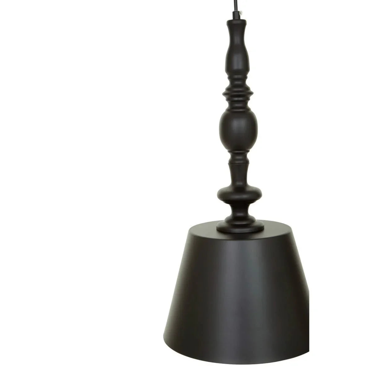 Black metal pendant light with turned spindle detail and conical shade, side view
