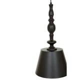 Black metal pendant light with turned spindle detail and conical shade, side view