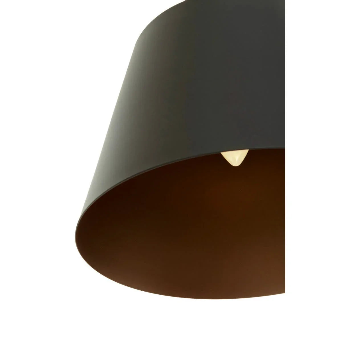 Black metal pendant light shade with interior bulb, close-up angled view