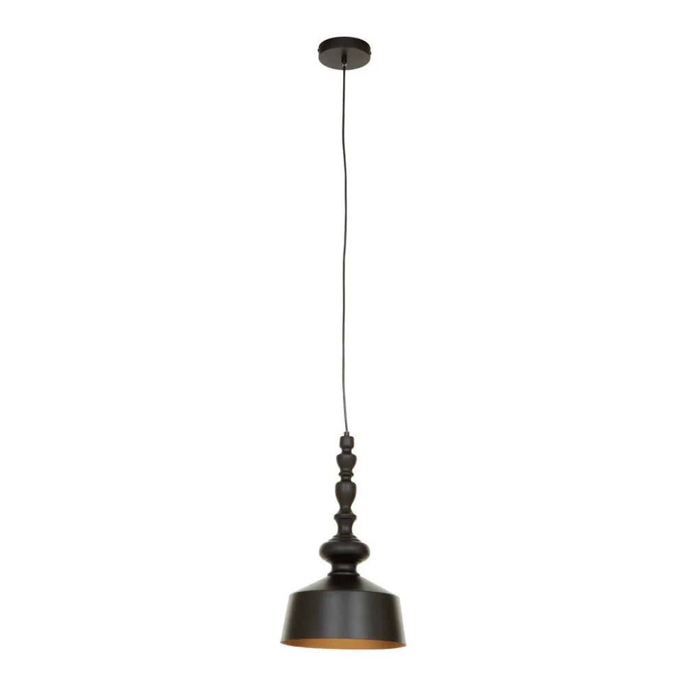 Black metal pendant light with turned stem design and round ceiling rose