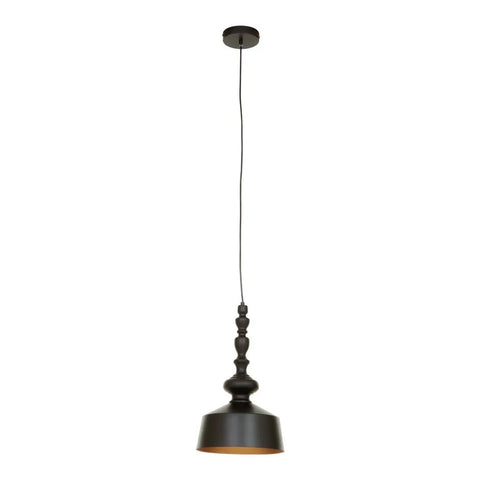 Black metal pendant light with turned stem design and round ceiling rose