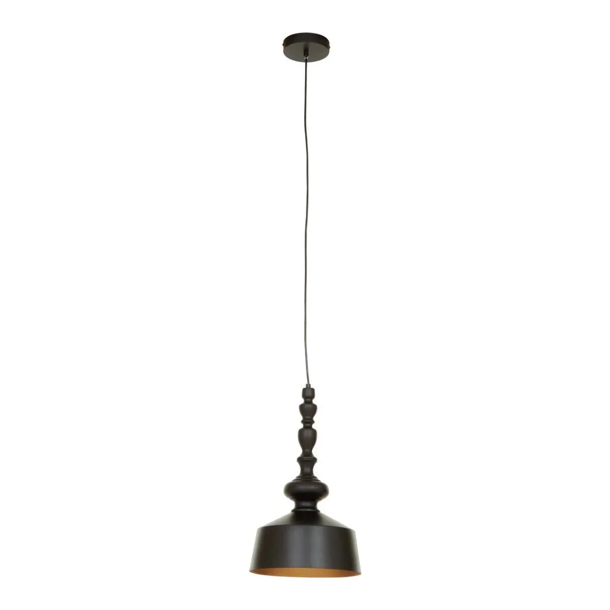 Black metal pendant light with turned stem design and round ceiling rose