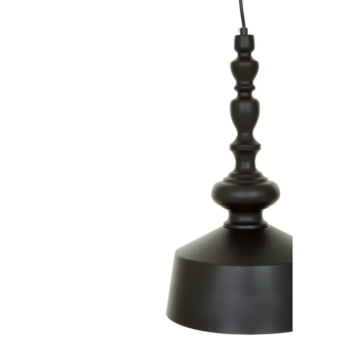 Black metal pendant light with turned spindle detail, close-up view, hanging fixture