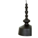 Black metal pendant light with turned spindle detail, close-up view, hanging fixture