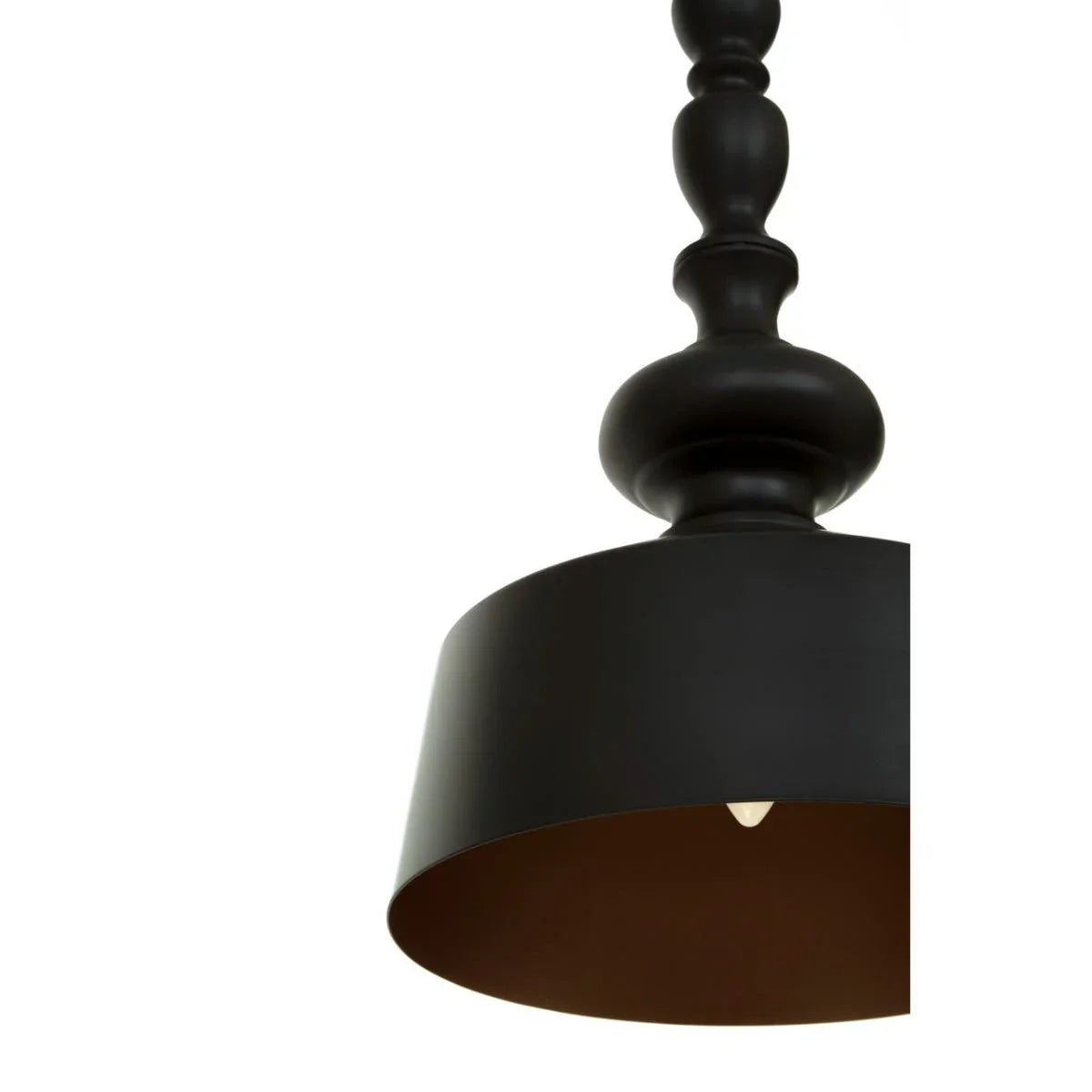 Black metal pendant light with turned stem and round shade, close-up view