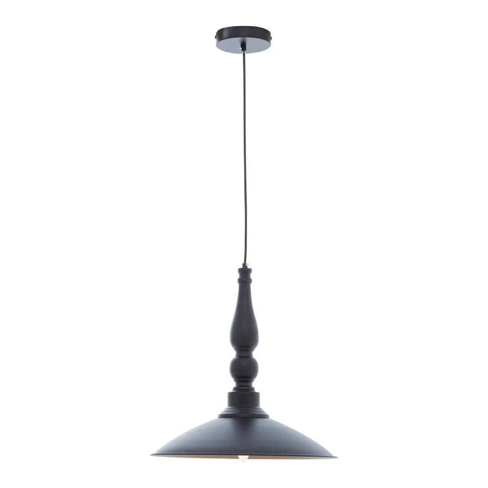 Black metal pendant ceiling light with turned stem and wide shade on white background