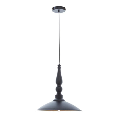 Black metal pendant ceiling light with turned stem and wide shade on white background