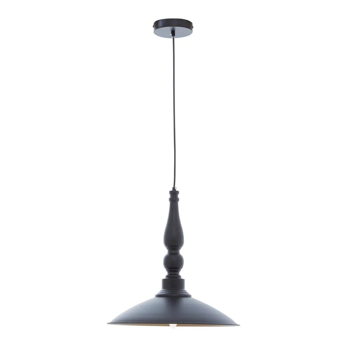 Black metal pendant ceiling light with turned stem and wide shade on white background